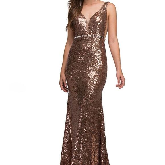 Abby Paris by Lucci Lu Long Sexy Bronze Sequin/rhinestone Deep V Gown Dress Sz 4 - Picture 1 of 14